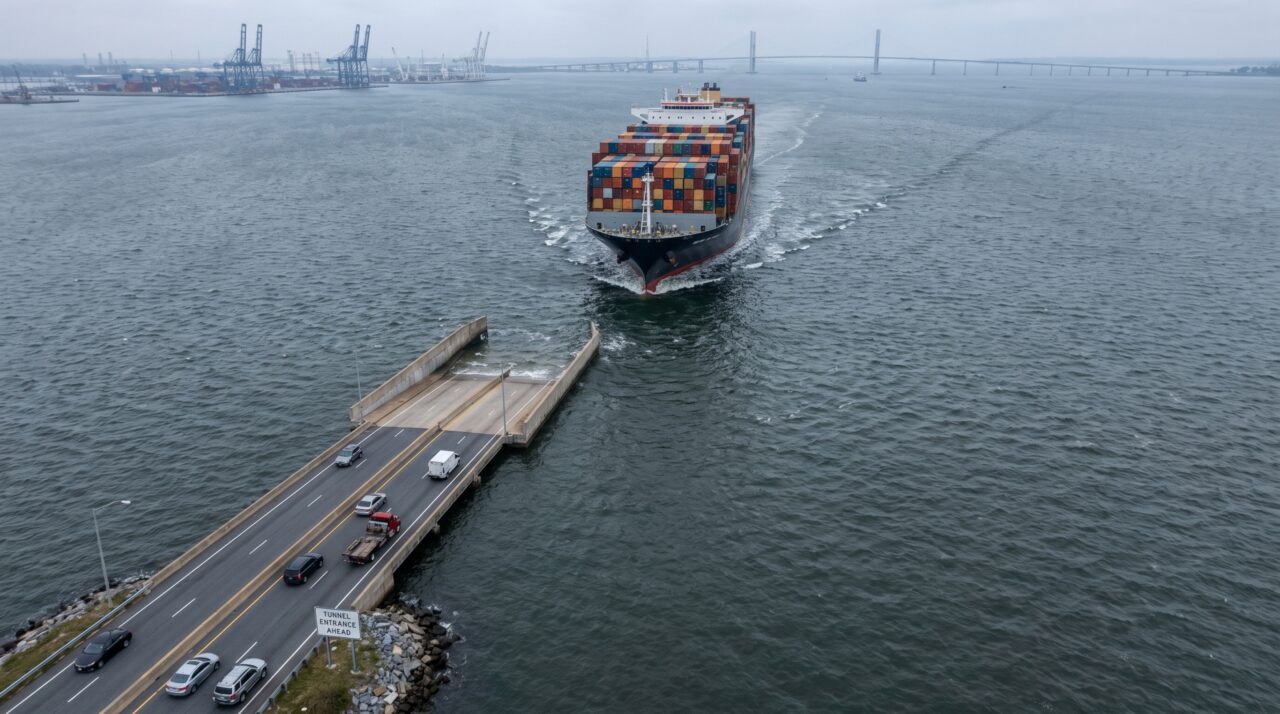 Nesta estrada sobre a Baía de Chesapeake, o asfalto desaparece duas vezes sob a água enquanto os navios passam exatamente por cima da rota dos carros