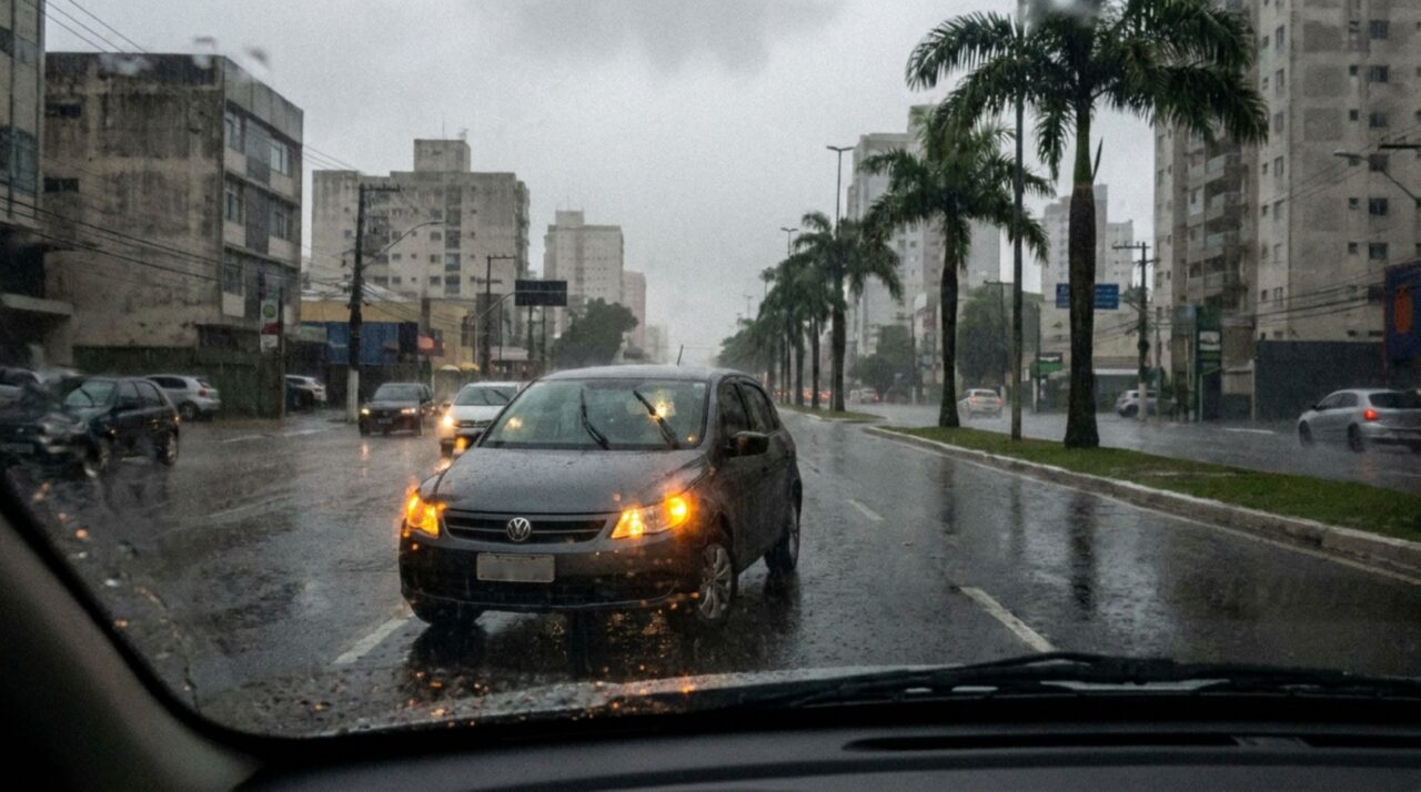 Motorista pode ser multado por ligar o pisca-alerta durante chuva forte e descobre que a luz não serve para dirigir devagar e com cautela nas ruas