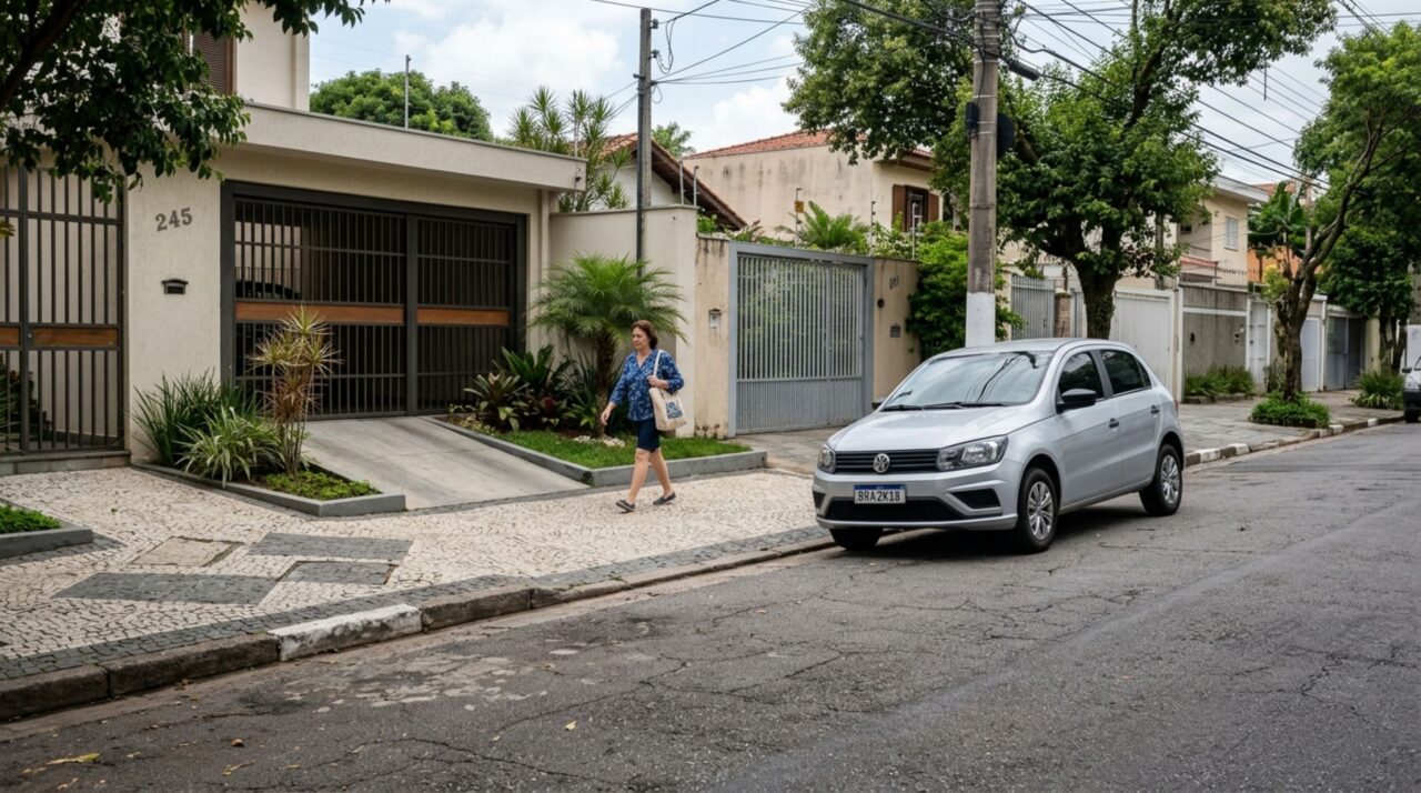 Ele estacionou na frente da garagem com as duas rodas na calçada, guarda de trânsito vê e questiona o motorista, ele alega que a casa é de um parente e não teria problema parar ali