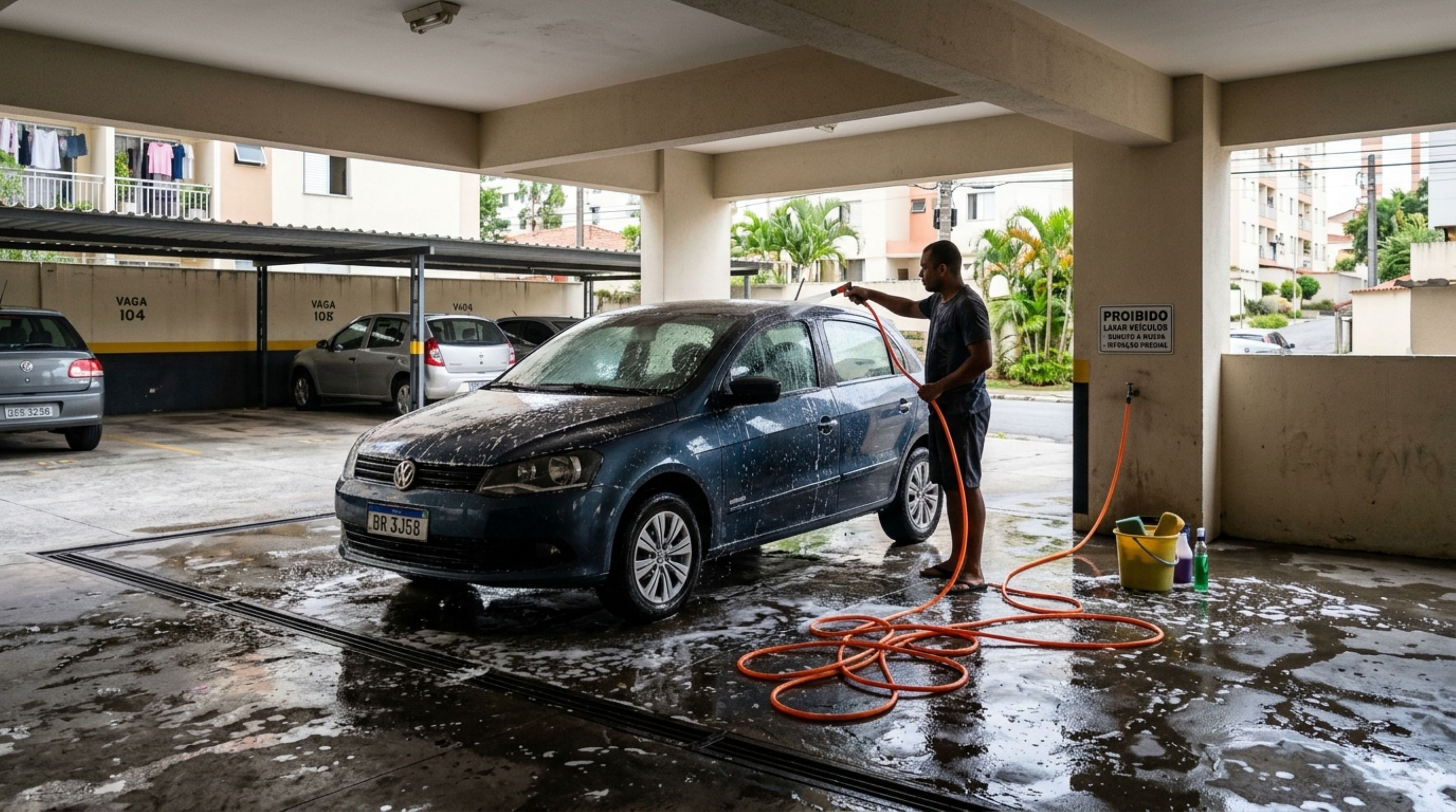 Morador lavava o carro na garagem todos os domingos há 10 anos, vizinhos reclamam do piso molhado e do consumo de água, e síndico proíbe a prática com base no regimento e morador recebe multa de R$ 1.000 por infração ambiental - QTU Questões do Universo