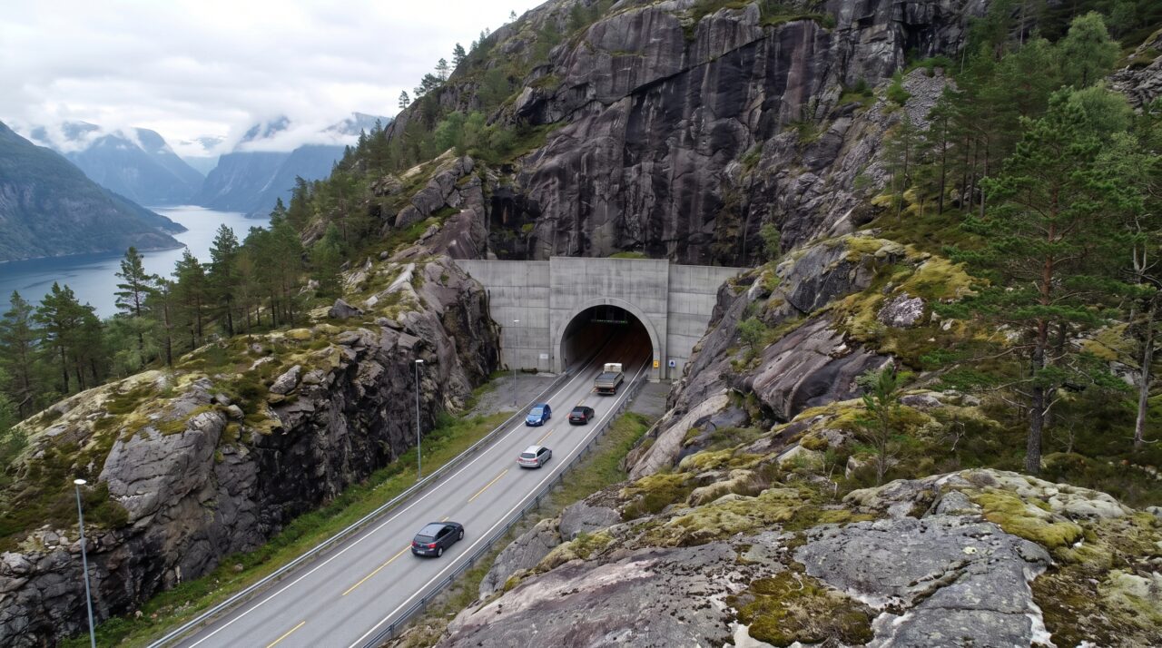 A saída deste túnel na Noruega tem 23 metros de altura e foi moldada para que uma ponte sobre o fiorde apareça aos poucos diante do motorista