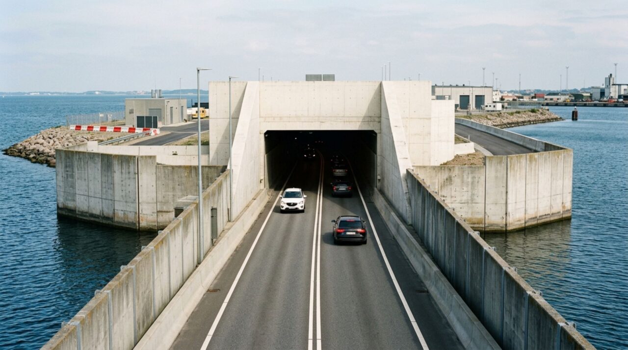 Estrutura em ilha artificial permite que a rodovia continue em um túnel sob o leito marinho