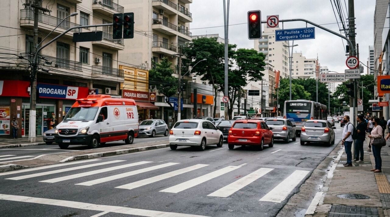 Motorista está parado no semáforo quando ambulância se aproxima com sirene ligada, condutor fica sem saber como abrir passagem e teme cometer outra infração ao invadir faixa de pedestres ou calçada, CTB explica o dever específico nessas situações