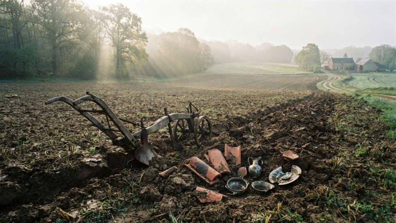 Agricultor ara um campo e encontra peças de prata enterradas, chamando especialistas que descobrem um tesouro romano deixado no solo há quase 2 mil anos