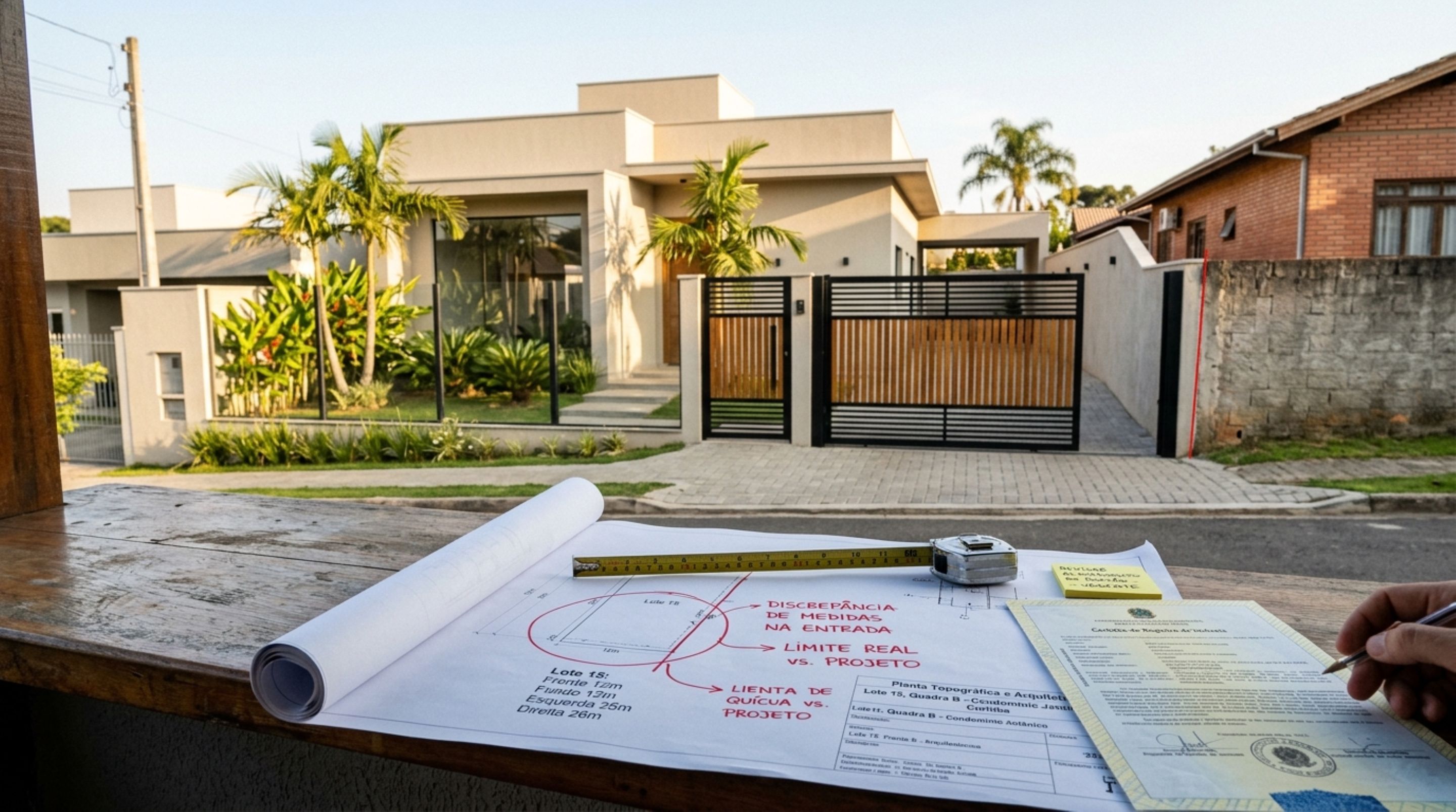 Casal compra terreno para construir a casa dos sonhos, termina a obra e, ao instalar o portão definitivo, descobre divergência entre a frente usada na construção e a matrícula - QTU Questões do Universo