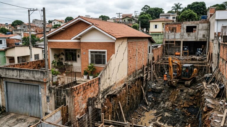 Família volta de viagem e percebe rachaduras depois que vizinho escavou junto ao muro compartilhado para ampliar o subsolo da garagem
