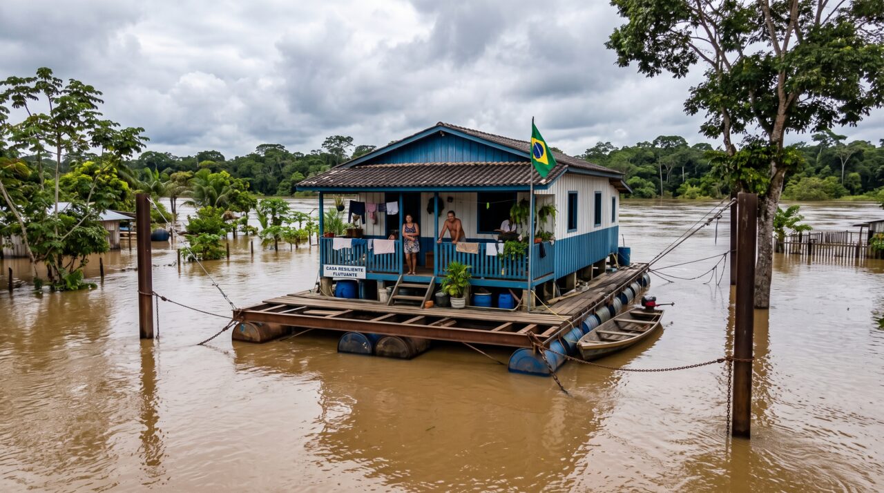 Engenheiros fixam fundações em blocos flutuantes inteligentes e criam casas que sobem e descem junto com a água, garantindo segurança total em áreas de alagamento crônico
