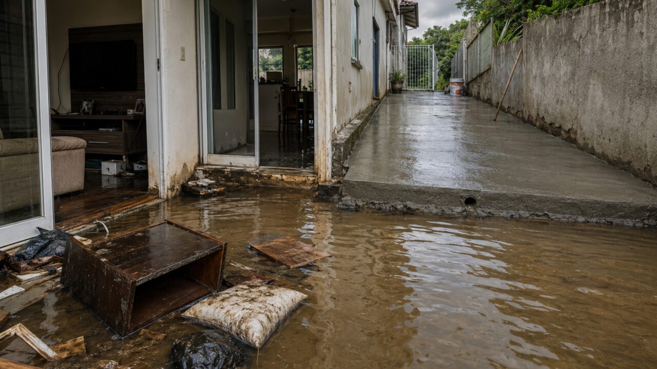 Casal acorda com quintal alagado após vizinho concretar canal usado havia décadas para escoar chuva e exige reabertura da passagem e pagamento dos móveis perdidos