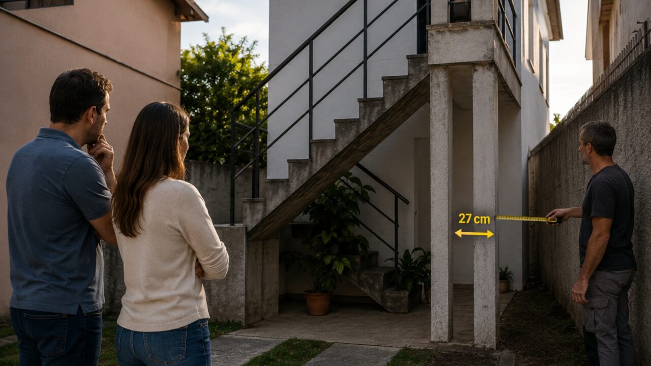 Casal coloca casa à venda e levantamento mostra que pilares da escada vizinha avançaram 27 centímetros sobre o terreno