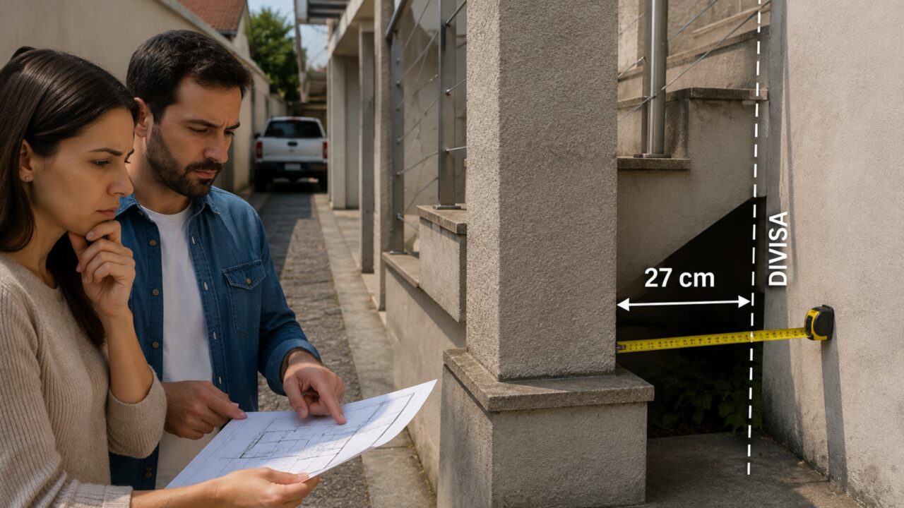 Casal coloca casa à venda e levantamento mostra que pilares da escada vizinha avançaram 27 centímetros sobre o terreno