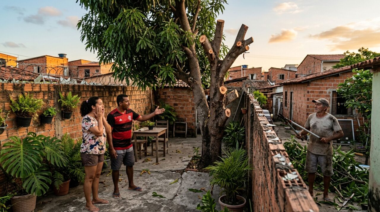 Casal volta de viagem e descobre que vizinho cortou todos os galhos da árvore que avançavam para seu terreno, moradores discutem até onde ele poderia podar e caso vai parar na justiça