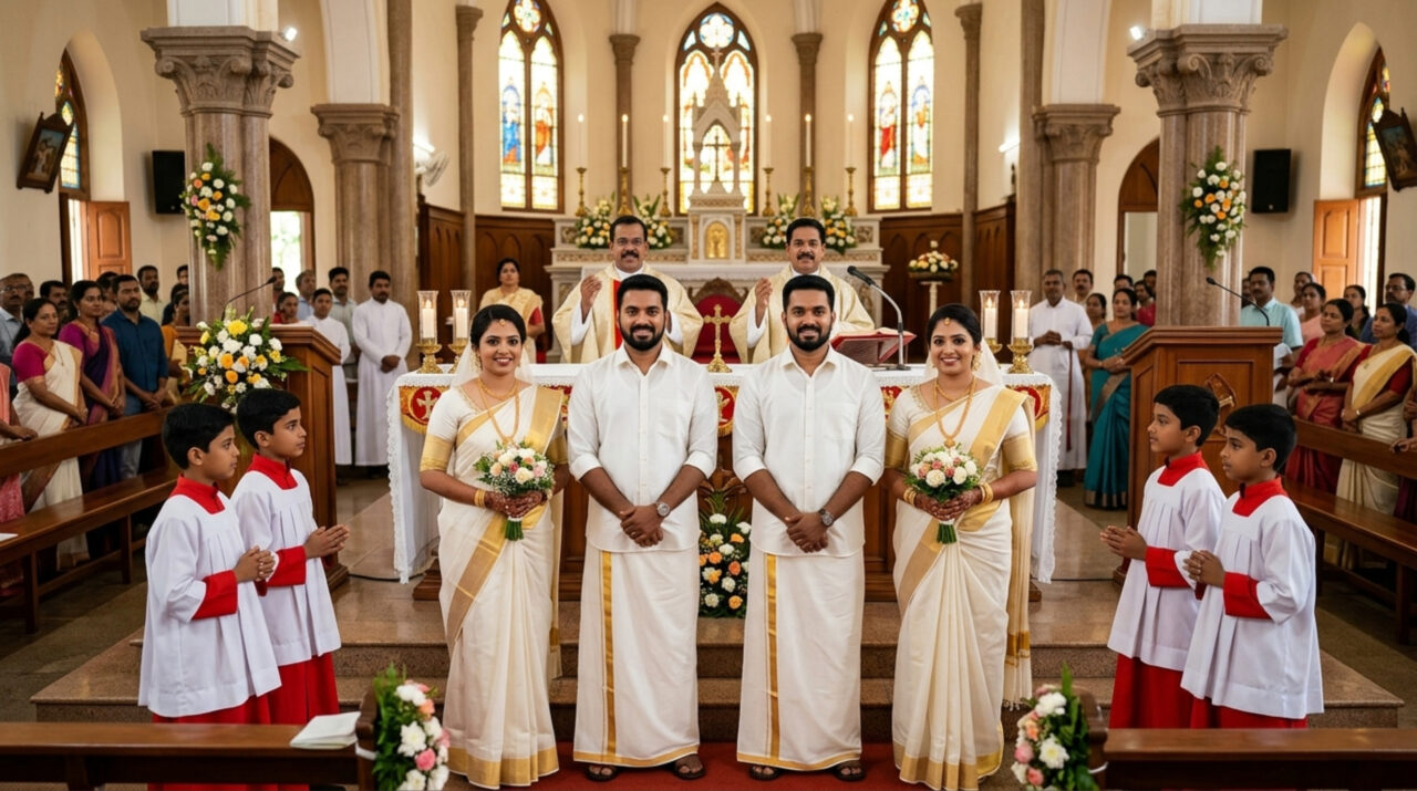 Casamento peculiar teve matrimônio entre irmãos gêmeos com padres gêmeos e coroinhas gêmeos