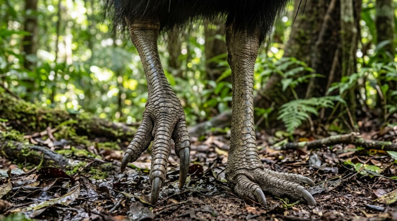 A longa garra interna do casuar-do-sul Casuarius casuarius transforma suas pernas musculosas em um eficiente mecanismo de defesa