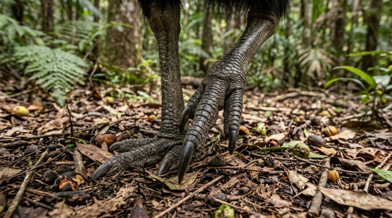 Detalhe das pernas robustas e da longa garra interna utilizada em movimentos de defesa