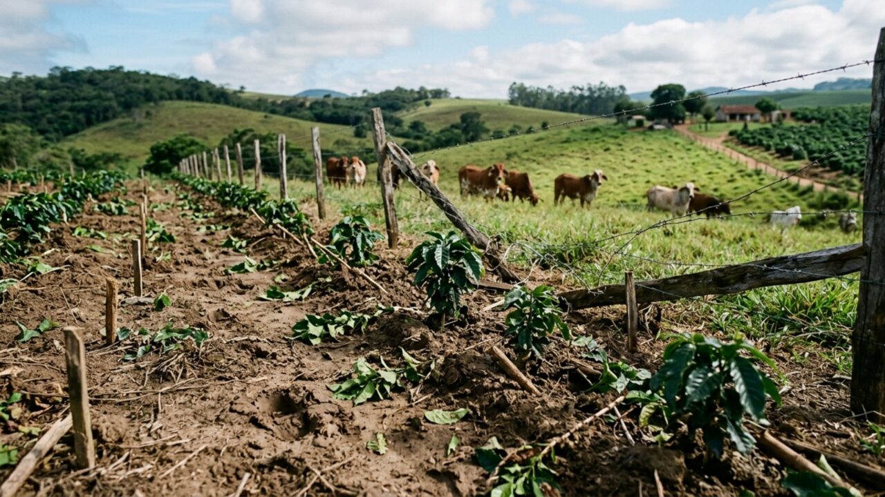 Agricultor planta 8 mil pés de café e meses depois gado do vizinho rompe a cerca e destrói quase três hectares da nova lavoura