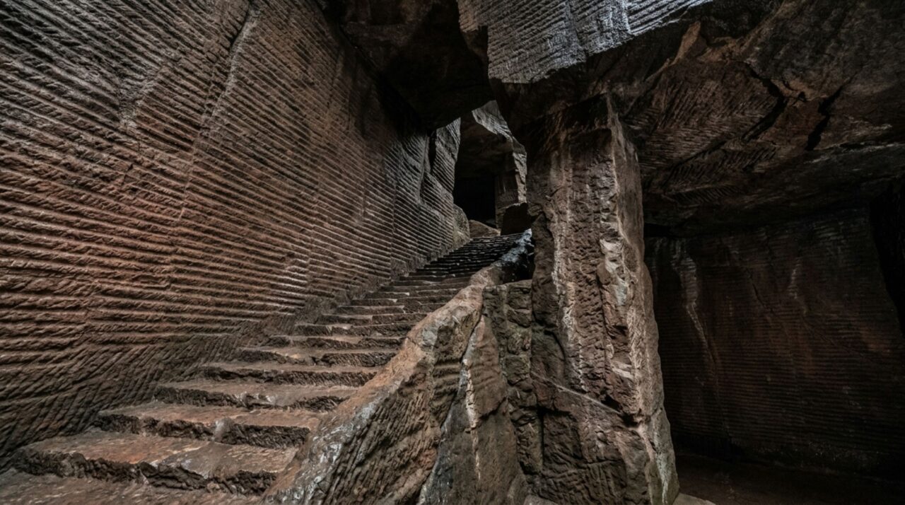As marcas repetitivas nas paredes, os pilares preservados e as escadarias escavadas ajudam a mostrar como as Cavernas de Longyou foram planejadas e executadas manualmente