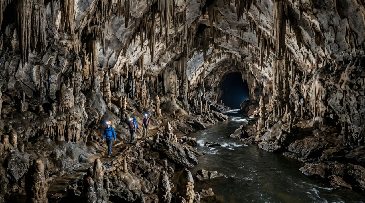 Em uma ilha do oceano Índico existe um conjunto de cavernas onde grandes formações minerais, lagos subterrâneos e galerias profundas permanecem escondidos sob uma paisagem aparentemente comum vista da superfície
