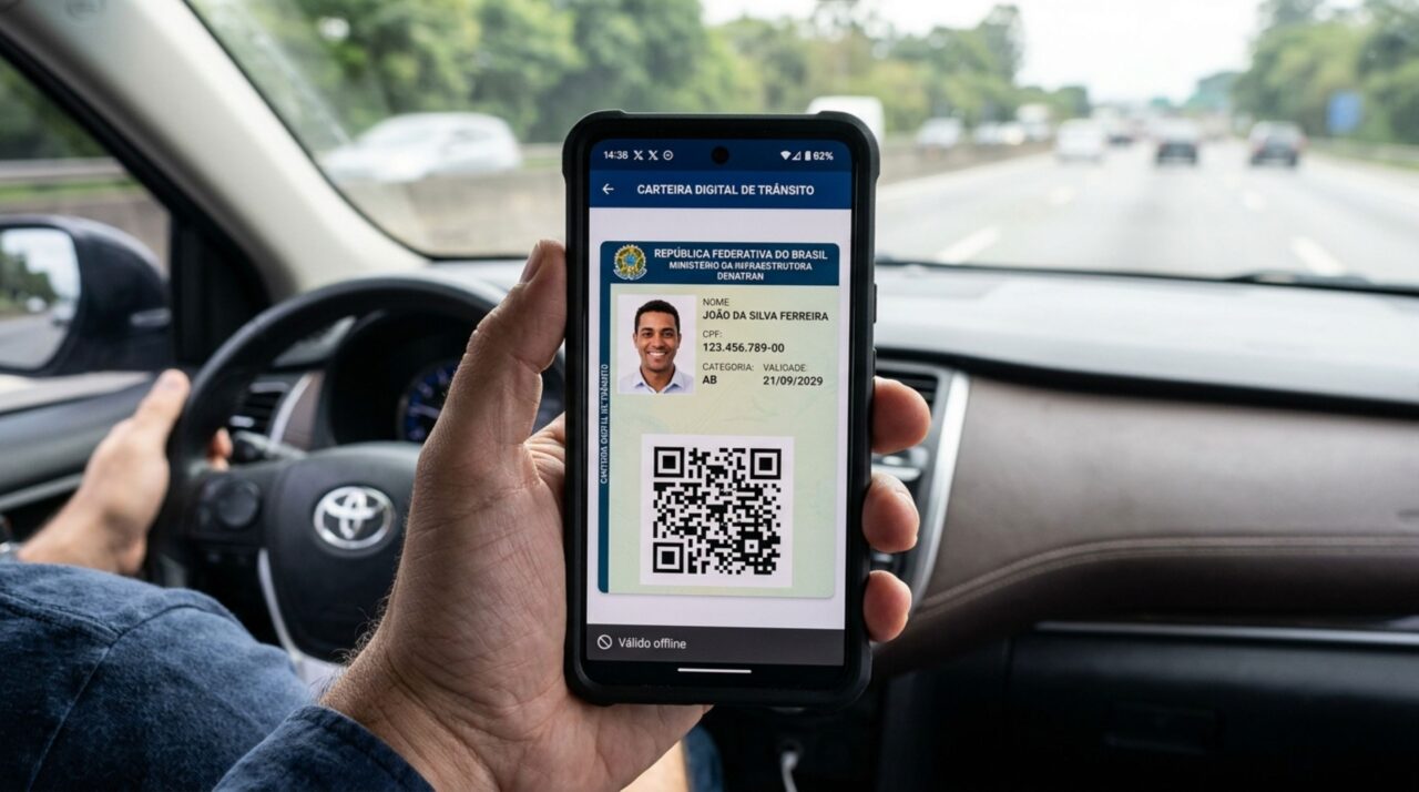 Motorista é parado na blitz de trânsito, ao ser requisitada a CNH ele afirma estar sem sinal de internet, mas abre o documento já salvo no aplicativo, agente confere os dados apresentados no celular