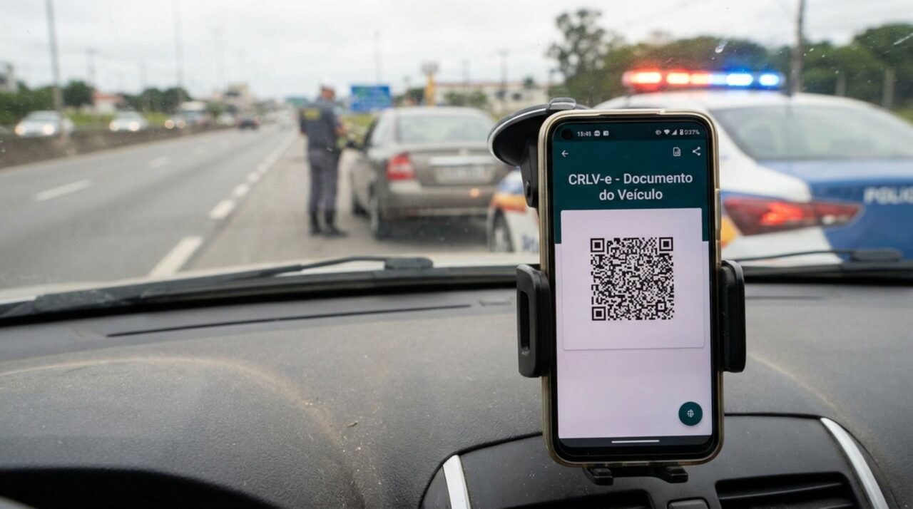 Motorista é parado na blitz de trânsito, ao ser requisitado o documento do carro ele apresenta o CRLV-e no celular e é questionado por agente, condutor afirma não carregar mais o licenciamento impresso