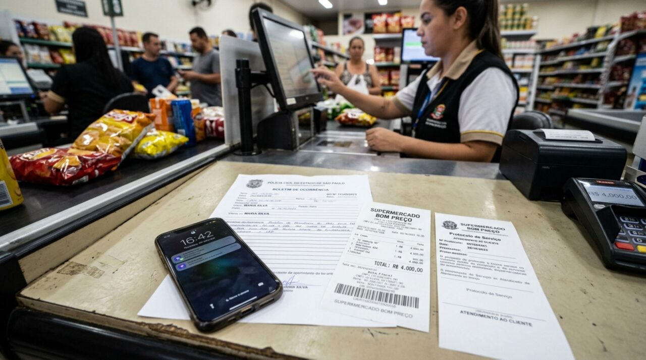 Cliente de supermercado tem celular de R$ 4 mil furtado de dentro de seu veículo enquanto fazia compras, a rede diz que não tem responsabilidade sobre os carros ou itens deixados nos veículos em seu estacionamento e consumidor sai no prejuízo