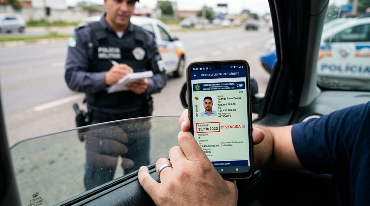 Motorista é parado na blitz de trânsito, ao ser requisitada a CNH ele apresenta o documento digital e agente percebe que a validade venceu há mais de 30 dias, mas comunica ao policial que a carteira continua aparecendo normalmente no celular