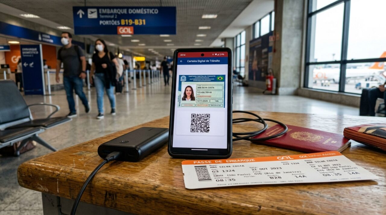 Passageiro chega ao aeroporto para embarcar, funcionário solicita documento com foto e ele apresenta a CNH Digital no celular, viajante diz que deixou a carteira física em casa e é questionado no portão