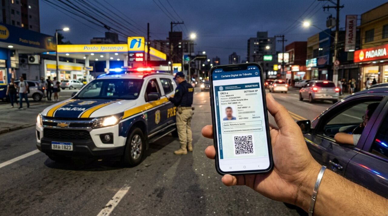 Motorista é parado em blitz de trânsito, agente pede o documento do carro e ele apresenta o CRLV Digital no celular, condutor diz que deixou a versão impressa em casa e é questionado durante a fiscalização