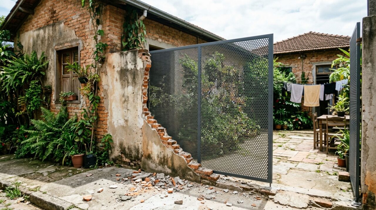 Casal retorna do fim de semana e descobre que vizinho substituiu sozinho o muro antigo por uma cerca metálica que retirava toda a privacidade entre os terrenos, casal exige reconstrução de muro antigo
