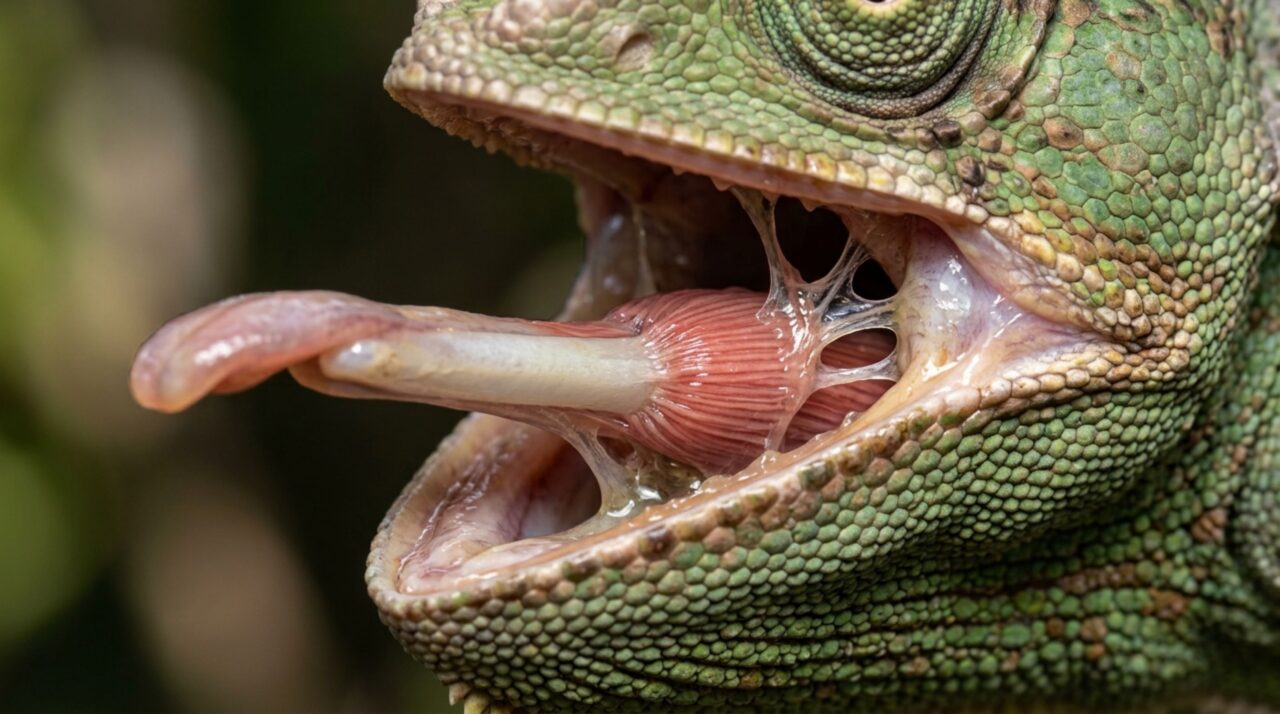 Antes do disparo, músculos do camaleão armazenam energia em tecidos elásticos que a liberam rapidamente para impulsionar a língua como uma catapulta biológica