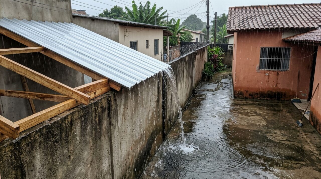 Família passa dias fora e, ao voltar, encontra cobertura nova apoiada sobre o muro da divisa e água da chuva escorrendo para seu quintal