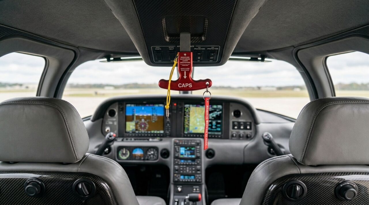 Detalhe da alça de acionamento do sistema de paraquedas CAPS no cockpit do Cirrus Vision Jet SF50