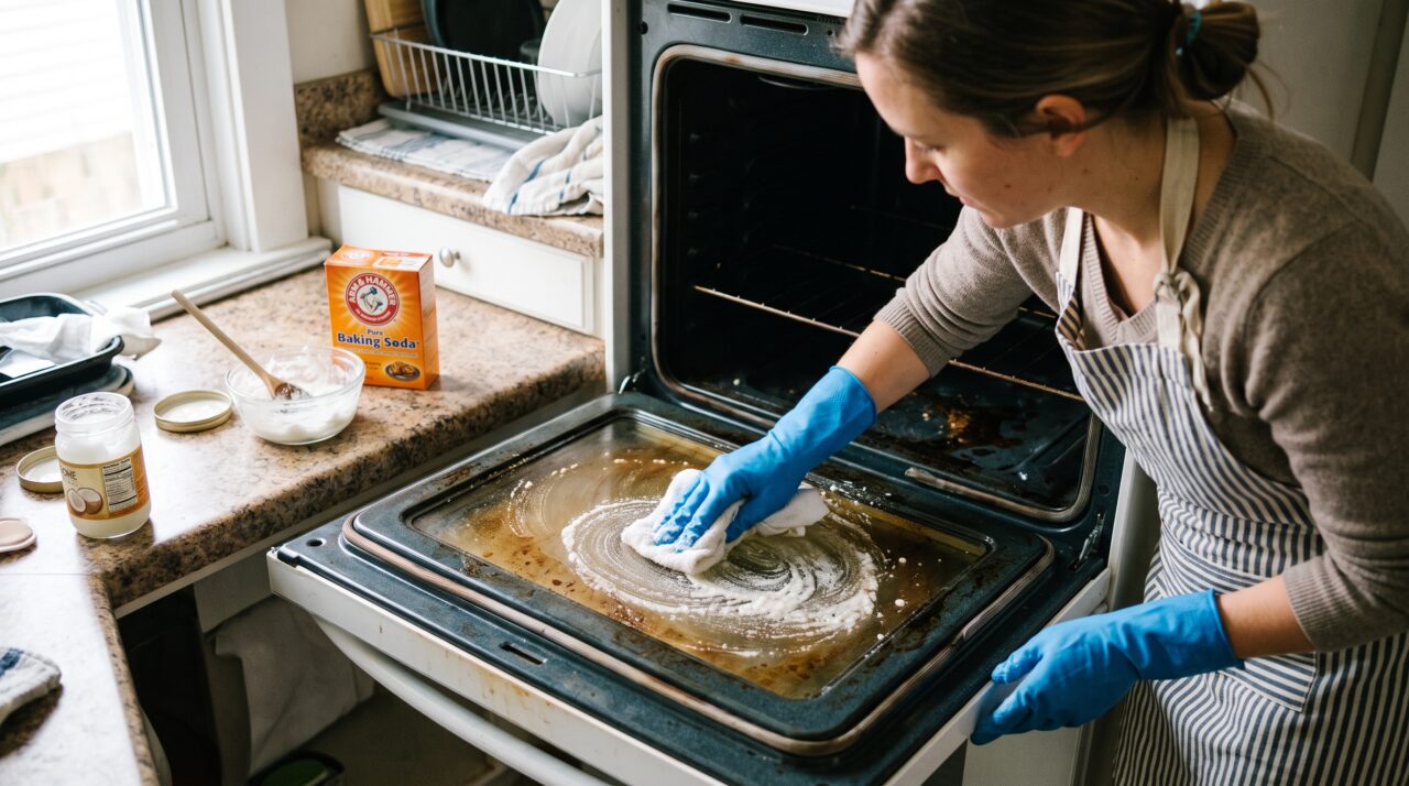 Esfregar óleo de coco com bicarbonato na porta do forno: por que essa combinação simples deixa o vidro brilhando como novo