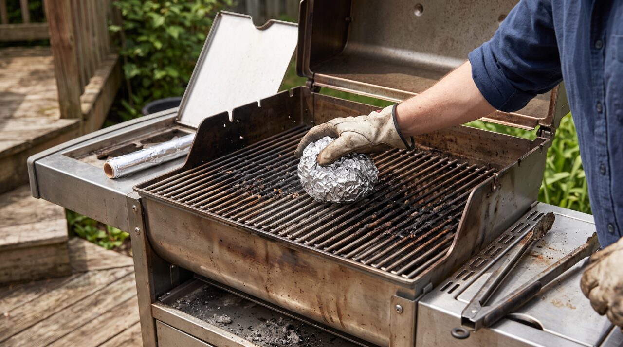 Truque de limpeza para grelha de inox usando papel alumínio e detergente.