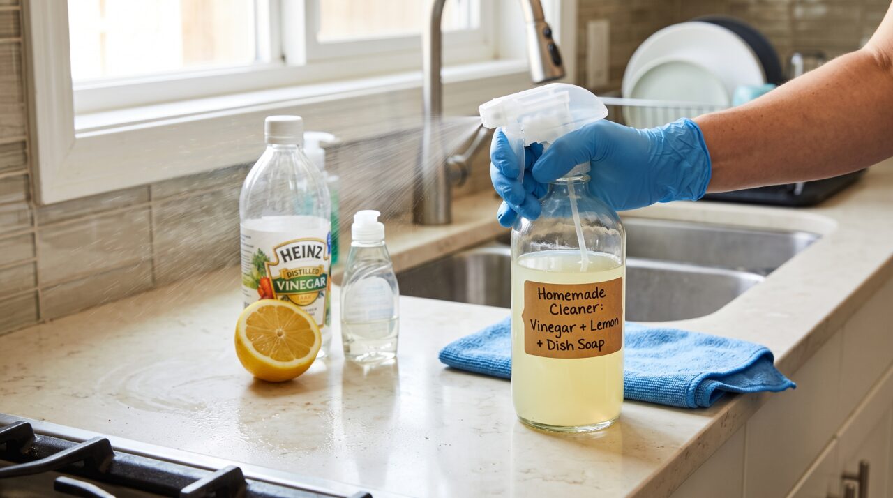 Mistura caseira de vinagre de álcool, limão e detergente para limpeza de gordura e vidros.