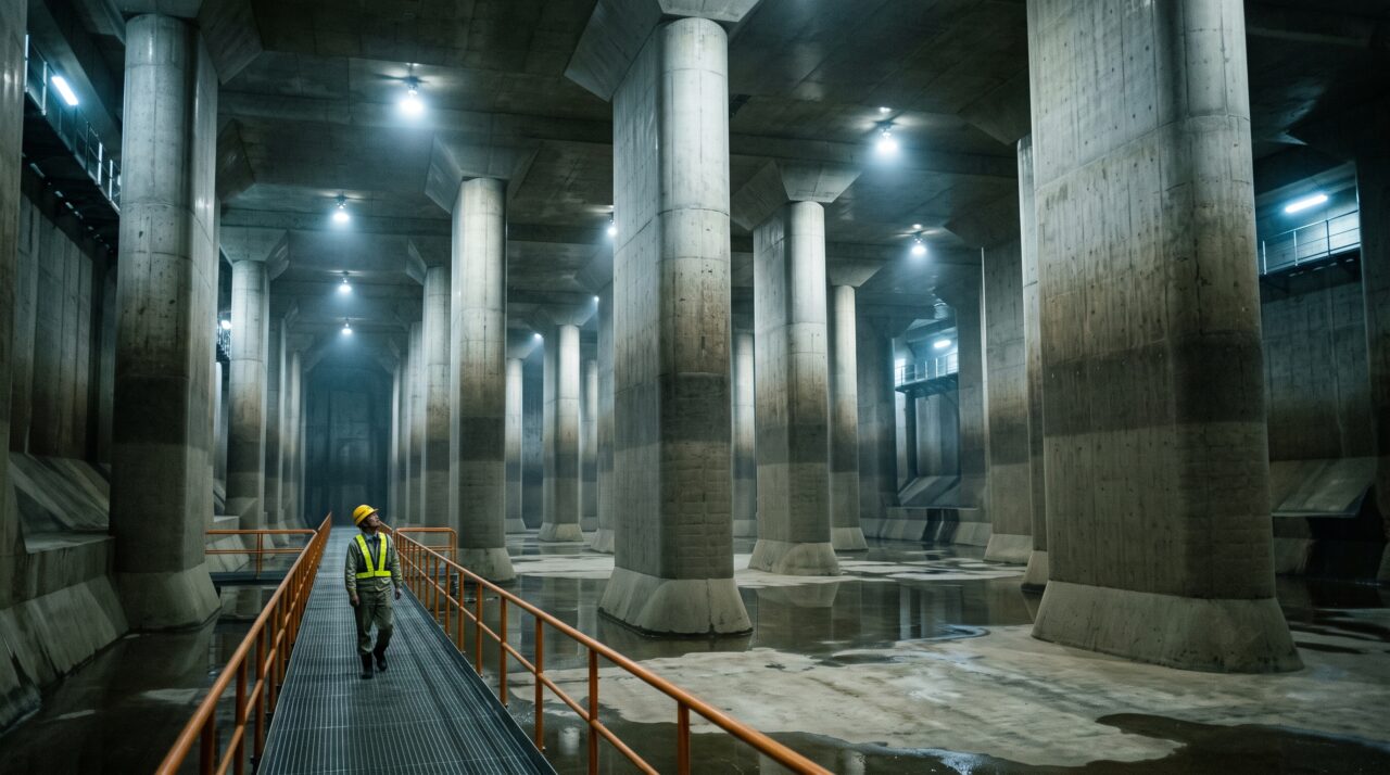 Apelidada de “catedral subterrânea”, esta gigantesca rede de túneis e silos escondida sob uma megalópole protege milhões de pessoas contra os piores cenários de enchentes catastróficas