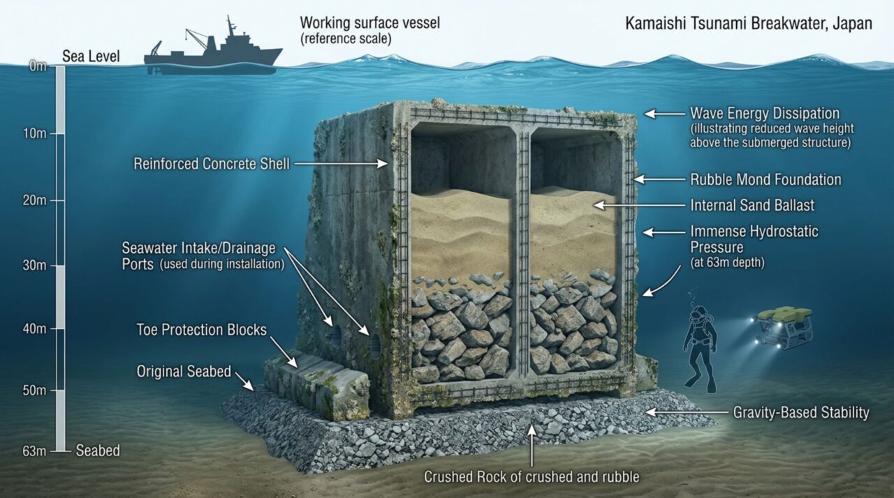 Ilustração da estrutura dos caixões de concreto do quebra-mar de Kamaishi no fundo marinho