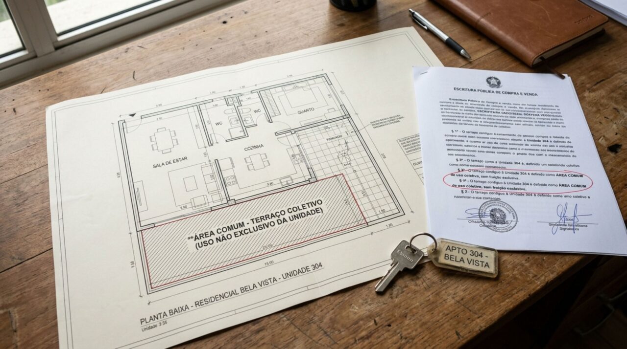 Família usa terraço em frente ao apartamento por 12 anos, achando que a área era exclusiva, mas novo síndico consulta a escritura do condomínio e descobre que o espaço pertence a todos os moradores
