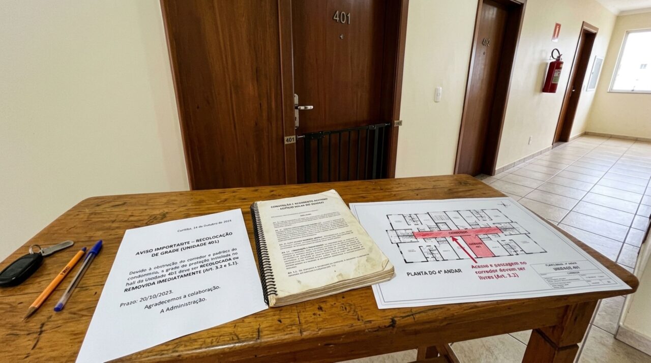 Família troca a porta do apartamento e instala grade de segurança avançando sobre o corredor, mas anos depois nova gestão confere as áreas comuns e exige que a estrutura seja reposicionada