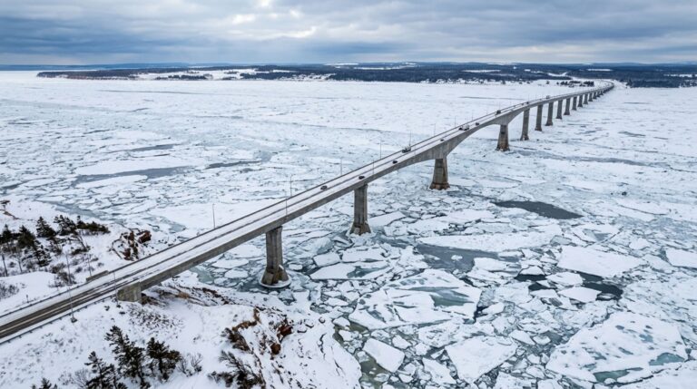 A Confederation Bridge foi projetada para atravessar quase 13 quilômetros de estreito onde grandes campos de gelo pressionam seus pilares durante o inverno