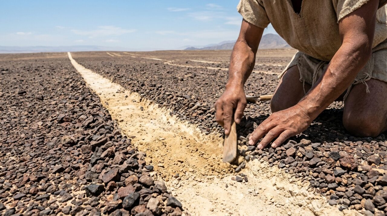 Detalhe da remoção de rochas superficiais que expõe o solo claro e forma os traços contrastantes no deserto