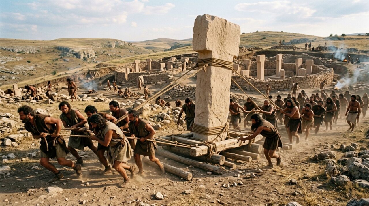 A construção de Göbekli Tepe exigia extrair, modelar e deslocar pilares de muitas toneladas utilizando ferramentas de pedra e coordenação coletiva