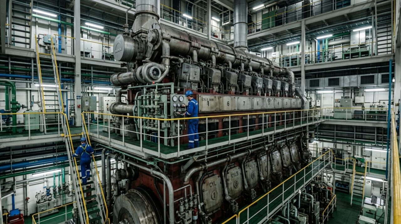 O gigantesco motor instalado no casco responsável por mover milhares de toneladas pelos oceanos