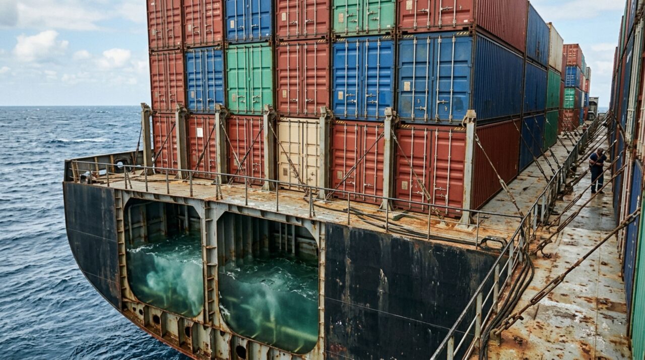 Tanques de lastro e sistemas de amarração trabalham junto com o plano de carga para controlar inclinação, trim e esforços sobre os contêineres durante a navegação