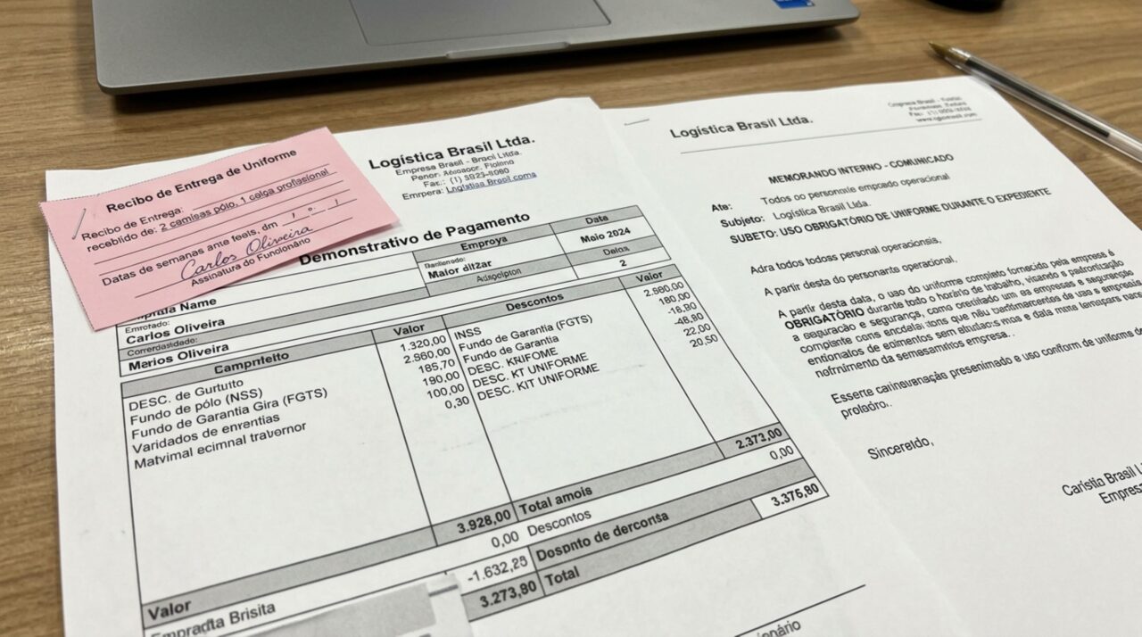 Funcionária começa a trabalhar em loja, recebe dois uniformes obrigatórios e, no primeiro salário, encontra desconto pelas peças, RH diz que todo empregado paga o próprio kit e trabalhadora questiona a cobrança
