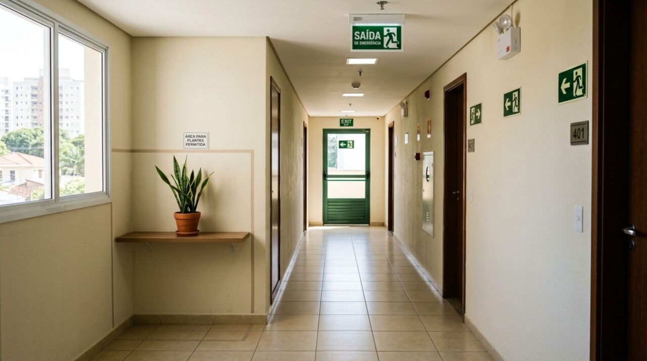 Moradora monta jardim com vasos grandes no corredor e cuida dele por oito anos, achando que a decoração valorizava o andar, mas novo síndico revisa acessibilidade e circulação e pede que tudo seja removido
