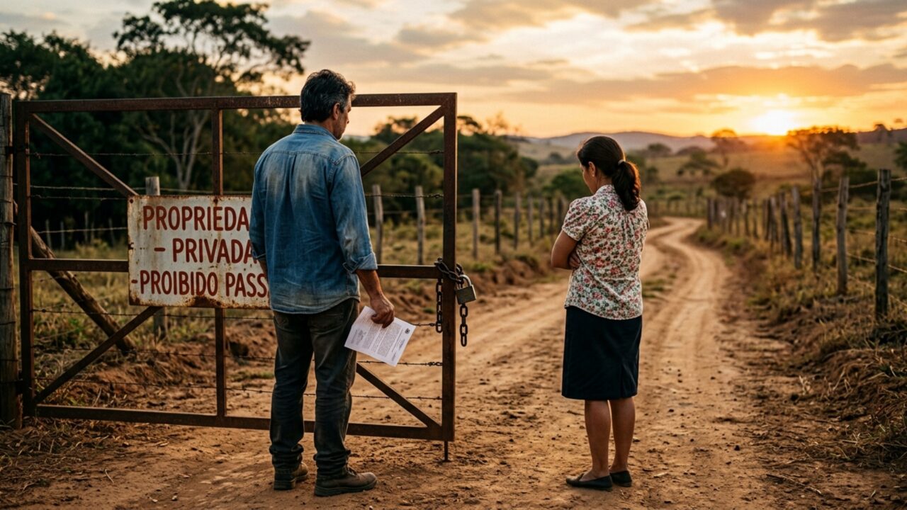 Casal compra chácara com estrada de acesso usada há mais de 20 anos e novo vizinho instala porteira, fecha a passagem e deixa família sem chegar ao imóvel