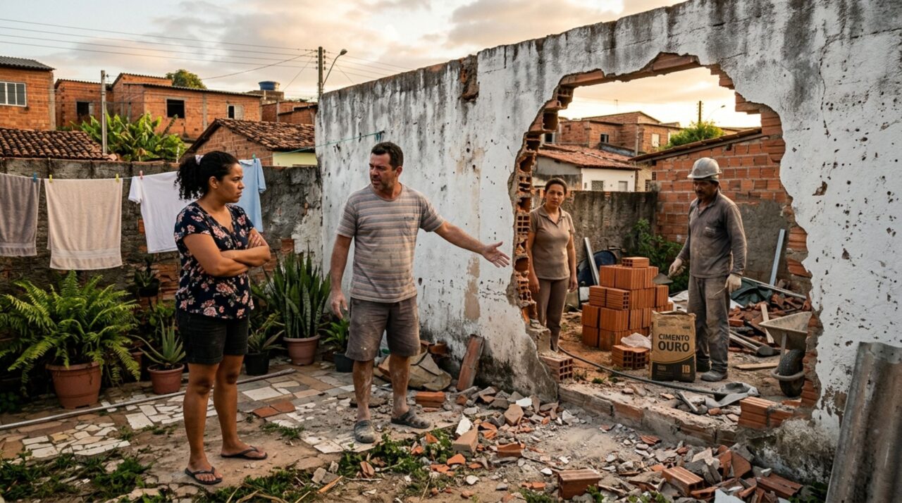 Casal passa alguns dias fora e, ao retornar, encontra passagem aberta no muro pelo vizinho para facilitar uma obra, ele afirma que precisava acessar o terreno