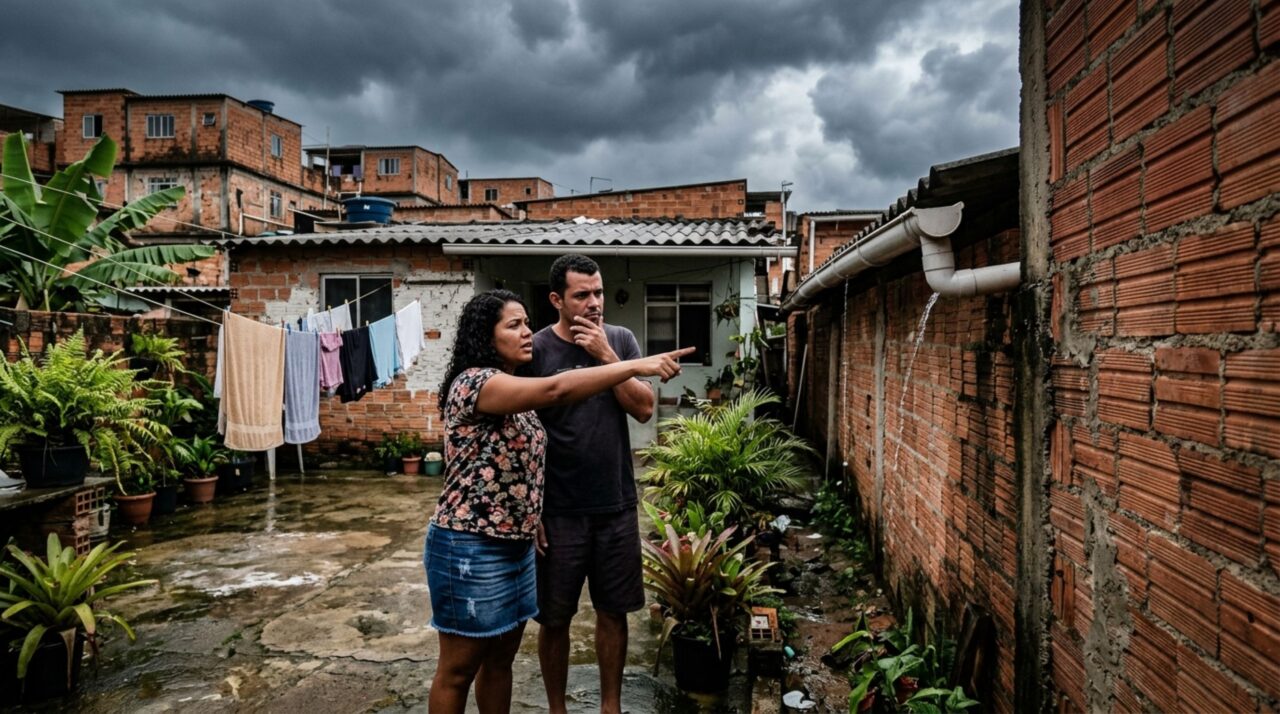 Casal retorna para casa e percebe que vizinho instalou calha despejando água em seu quintal, ele exige mudança antes da próxima chuva