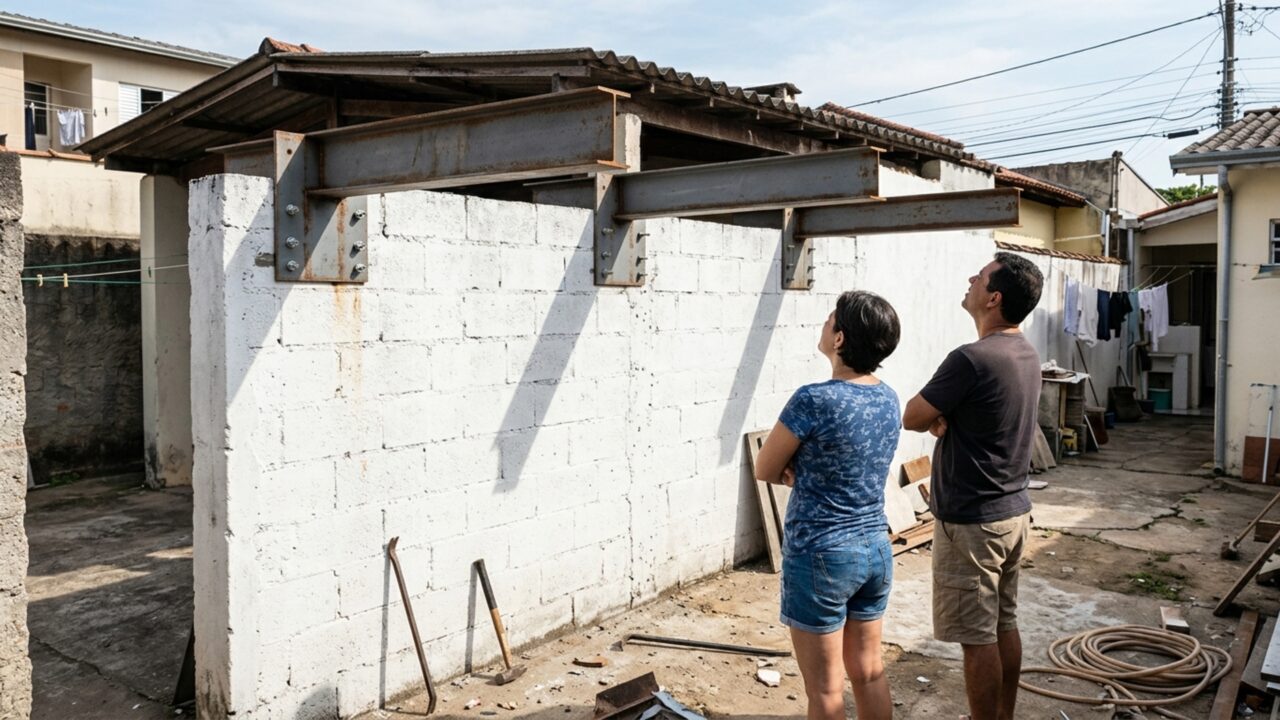 Casal volta de viagem e encontra cobertura da garagem vizinha presa ao muro construído exclusivamente dentro de seu lote, ele exige retirada das vigas e reparo das perfurações
