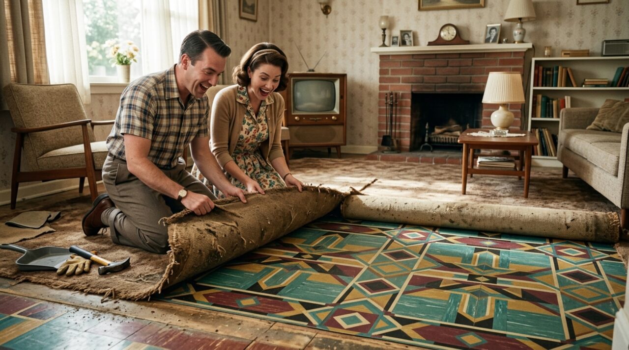 Casal levanta o tapete de sua casa dos anos 50 e percebe que tem a “loteria do piso” escondida embaixo